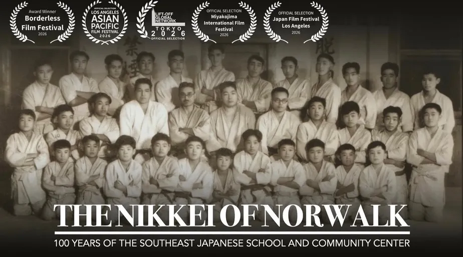 Key art for The Nikkei of Norwalk: an archival photograph of judo students outside the Southeast Japanese School, under five festival laurels.